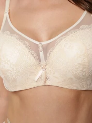 Beżowy Koronkowy Biustonosz Typu Full Cup z Metalowymi Klamerkami i Cyrkoniami Mulani