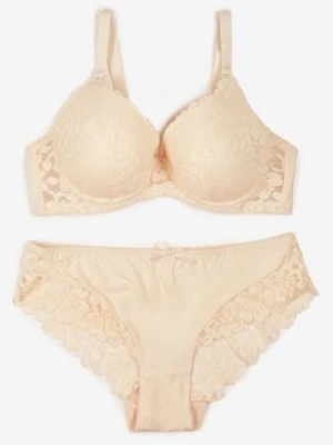 Beżowy Koronkowy Komplet Biustonosz i Majtki Figi w Klasycznym Stylu Ezirene