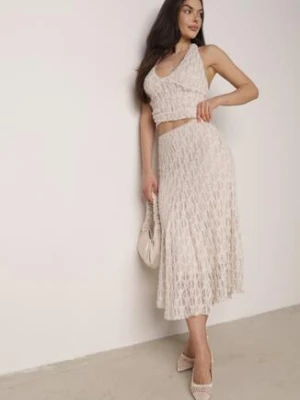 Beżowy Koronkowy Komplet Top Wiązany na Szyi i Spódnica Corinatea