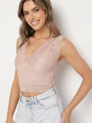Beżowy Koronkowy Top z Dekoltem w Serek Nitasena sublevel