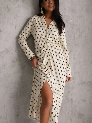 Beżowa Koszulowa Sukienka z Wiskozy z Dodatkiem Lnu z Drapowaną Talią Edrilith