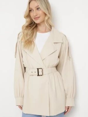 Beżowy Krótki Płaszcz z Bufiastymi Rękawami i Elastycznym Paskiem z Klamrą Lirenda unigirl