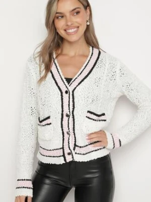 Beżowy Krótki Rozpinany Kardigan z Wiskozą Paskami i Ozdobnymi Guzikami Lialana studio eleven