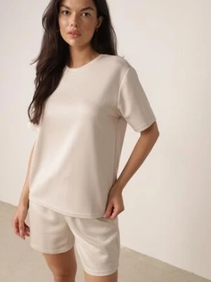Beżowy Letni Komplet z Bawełny i Wiskozy T-shirt i Szorty Celinai yu & me