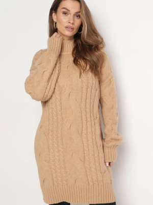 Beżowy Luźny Sweter w Warkoczykowy Splot Sentlia Wool Fashion