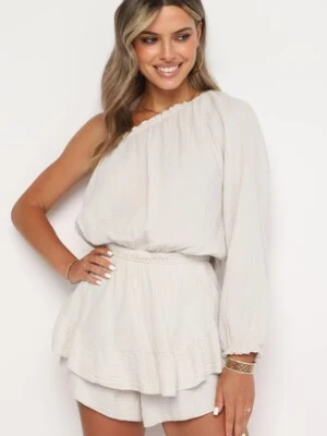 Beżowy Muślinowy Kombinezon z Bawełny na Jedno Ramię z Gumką w Pasie Vimaree jumelle