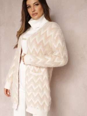 Beżowy Niezapinany Kardigan o Przedłużonym Fasonie w Zygzaki Chevron Oherna wool fashion