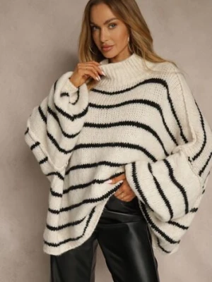 Beżowy Oversizowy Golf w Paski z Dodatkiem Wełny i Wiskozy Nezella