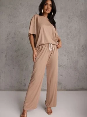 Beżowy Oversizowy Komplet Zdobiony Cyrkoniami T-shirt i Spodnie Arnateia ambitionfly