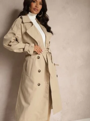 Beżowy Oversizowy Płaszcz Trencz o Dwurzędowym Kroju z Paskiem Darinella