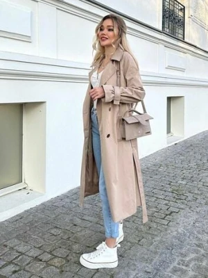 Beżowy Płaszcz Długi Trencz z Paskiem Antroshi