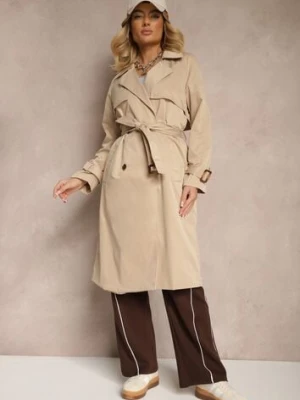 Beżowy Płaszcz Długi Trencz z Paskiem Antroshi