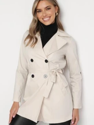 Beżowy Płaszcz Dwurzędowy z Kieszeniami i Materiałowym Paskiem Piemona lily rose