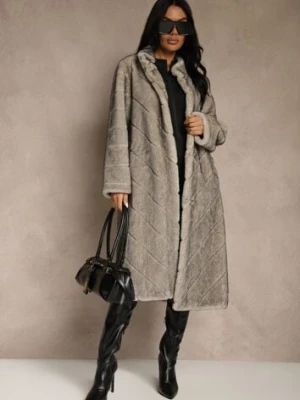 Beżowy Płaszcz Futerko o Długim Kroju z Przeszyciami i Stójką Zeniera ann gissy