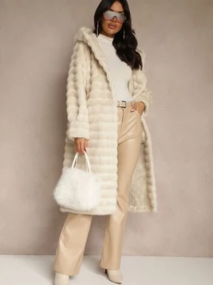 Beżowy Płaszcz Futerko z Ozdobnymi Przeszyciami i Kapturem Esetia ann gissy