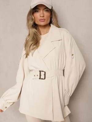 Beżowy Płaszcz o Krótkim Fasonie z Paskiem i Elastyczną Talią oraz Bufiastymi Rękawami Pathia unigirl