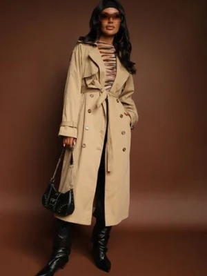 Beżowy Płaszcz o Wydłużonym Fasonie Trencza z Guzikami i Paskiem Dennime retro & icone