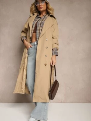 Beżowy Płaszcz o Wydłużonym Fasonie Trencza z Guzikami i Paskiem Dennime retro & icone