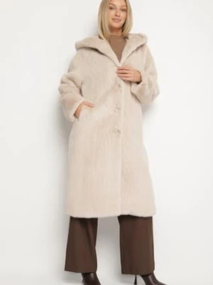 Beżowy Płaszcz Pluszowy z Kapturem Zereta j.style