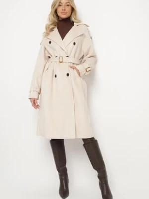 Beżowy Płaszcz Trencz o Klasycznym Dwurzędowym Kroju z Paskiem Edrisella belcci