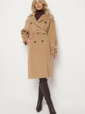 Beżowy Płaszcz Trencz o Klasycznym Dwurzędowym Kroju z Paskiem Edrisella belcci