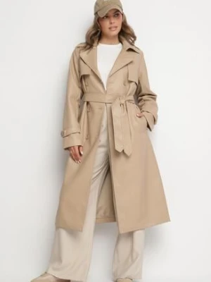 Beżowy Płaszcz w Stylu Trencza z Ekoskóry z Paskiem w Talii i Ozdobnymi Klapami Sintesca melya by melody