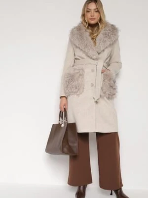 Beżowy Płaszcz Wiązany w Talii z Futrzanym Kołnierzem i Kieszeniami Perrie