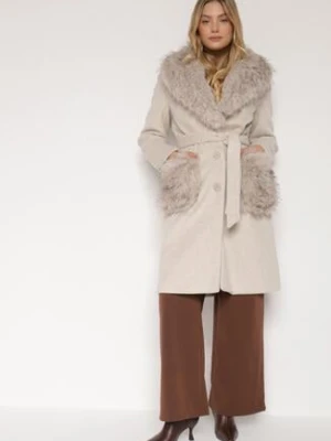 Beżowy Płaszcz Wiązany w Talii z Futrzanym Kołnierzem i Kieszeniami Perrie