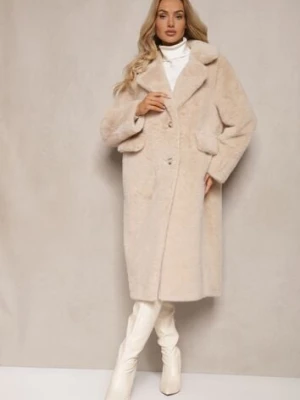Beżowy Płaszcz z Futra z Zapięciem na Guziki i Wsuwanymi Kieszeniami Paritha yu & me