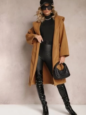 Beżowy Płaszcz z Kapturem Wiązany w Pasie Kalni lily rose