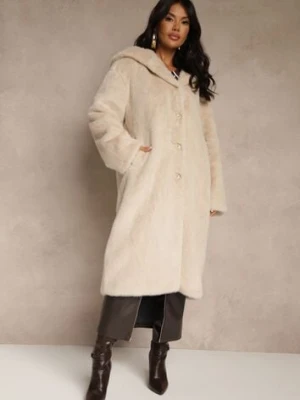 Beżowy Płaszcz z Pluszowego Futerka z Kapturem Zereva j.style