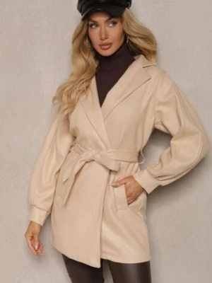 Beżowy Płaszcz z Wiązanym Paskiem i Bufiastym Rękawem Agnage tricot station