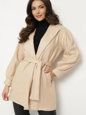 Beżowy Płaszcz z Wiązanym Paskiem i Bufiastym Rękawem Imgrucu tricot station