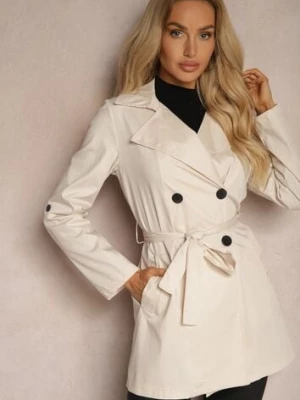 Beżowy Płaszcz Zapinany Dwurzędowy z Paskiem w Talii Leciana lily rose