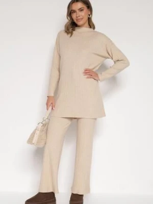 Beżowy Prążkowany Komplet Dzianinowy z Bawełną Sweter z Półgolfem i Spodnie Elweda