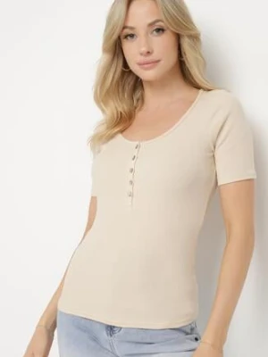 Beżowy Prążkowany T-shirt z Bawełny Ozdobiony Guzikami Tasavia elsa.m by may