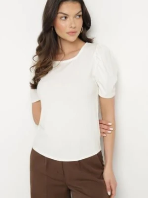 Beżowy Prążkowany T-shirt z Zakładkami przy Rękawach Kolanovia glo-story