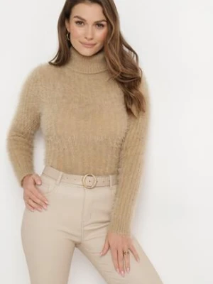 Beżowy Puchaty Golf z Wełną i Długim Rękawem Bullame j&x