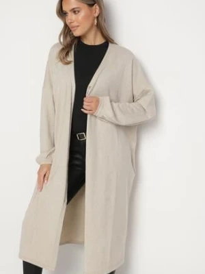 Beżowy Rozpinany Długi Kardigan z Dodatkiem Wiskozy Ozdobiony Metaliczną Nicią Arsona belcci