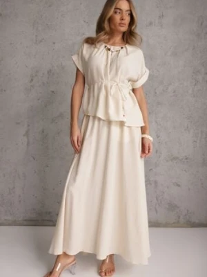 Beżowy Rustykalny Komplet z Lnem i Wiskozą Spódnica i Bluzka-Nietoperz Lilinney unigirl