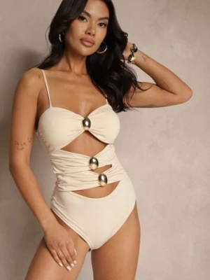 Beżowy Strój Kąpielowy z Wycięciami i Metalicznymi Zdobieniami Ovinellea giorgia