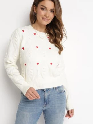 Beżowy Sweter o Klasycznym Fasonie z Ozdobnym Haftem Aggela moni&co