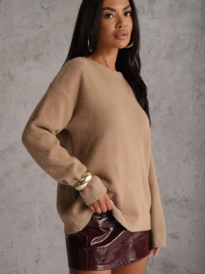 Beżowy Sweter Oversize z Bawełną i Wełną Typu Basic Oseani J&x