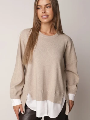 Beżowy Sweter Oversize z Wiskozą z Warstwowym Efektem Koszuli Tarnia Bisou's Project