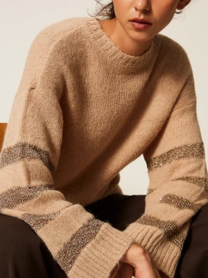 BEŻOWY SWETER OVERSIZE ZE ZŁOTYMI PASKAMI TWINSET