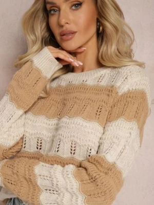 Beżowy Sweter Ozdobiony Ażurowymi Wycięciami i Połyskującą Nitką Casiena lily rose
