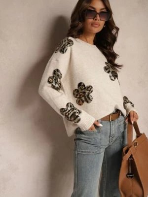 Beżowy Sweter Ozdobiony Cekinami i Naszywkami w Kształcie Kwiatów Cialuna acajo