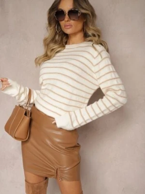 Beżowy Sweter Ozdobiony Metaliczną Nitką i Cekinami w Paski Nasemi belcci