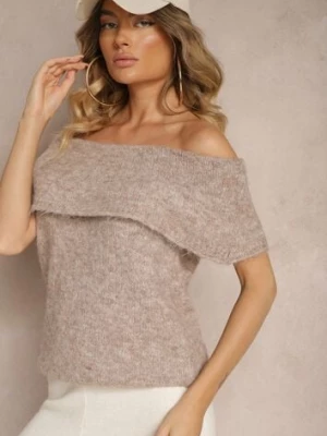 Beżowy Sweter Top z Hiszpańskim Wywijanym Dekoltem z Wełną Inarose