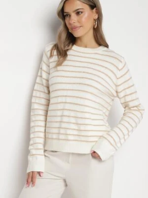 Beżowy Sweter w Paski z Cekinami i Metaliczną Nicią Iritalle belcci